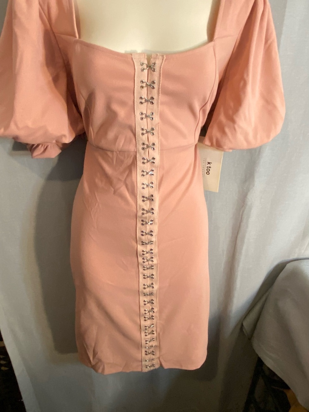Blush Pink Puff-Sleeve Hook-and-Eye Mini Dress